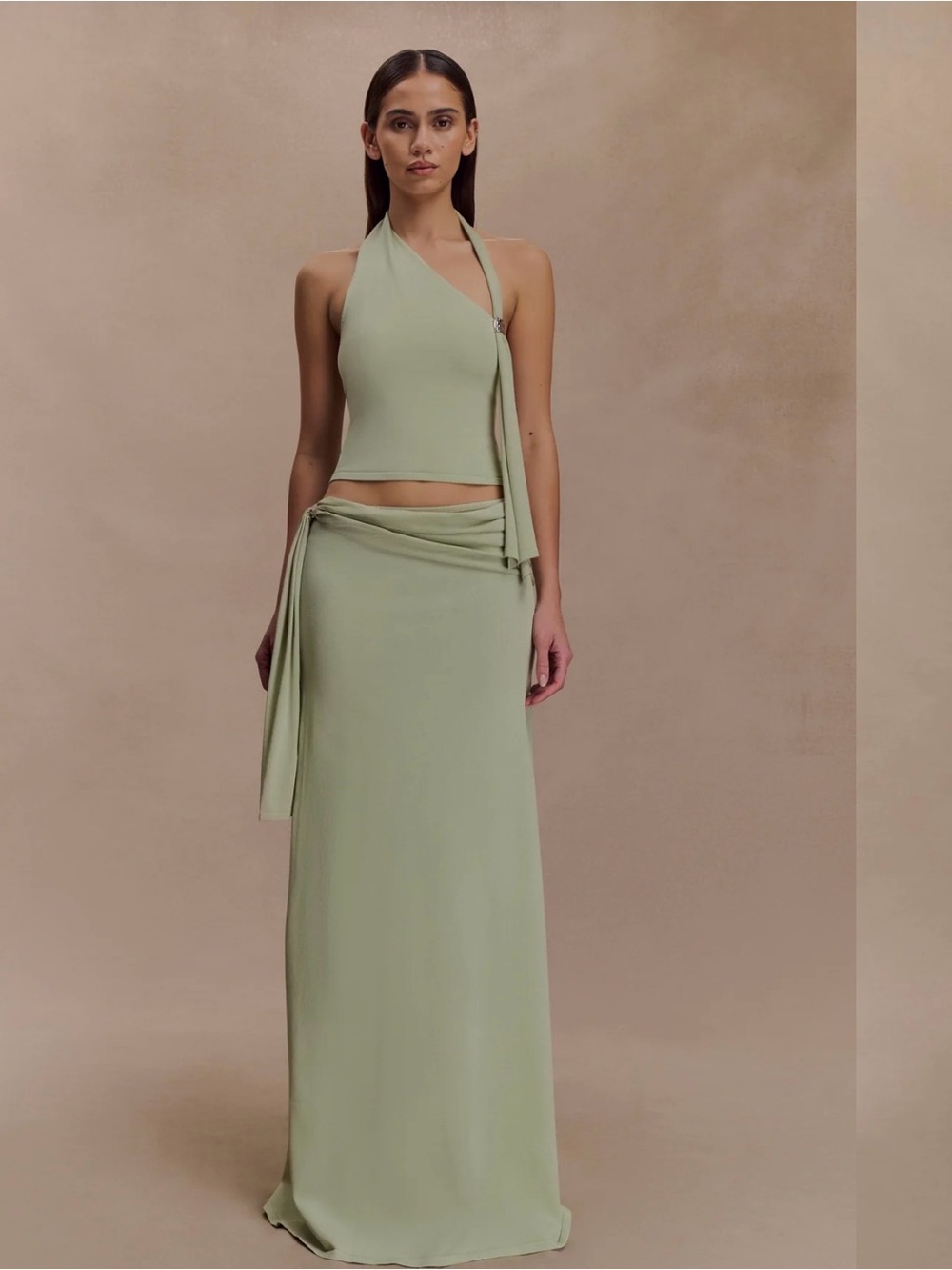 Meshki Sage Green Halter Maxi Skirt